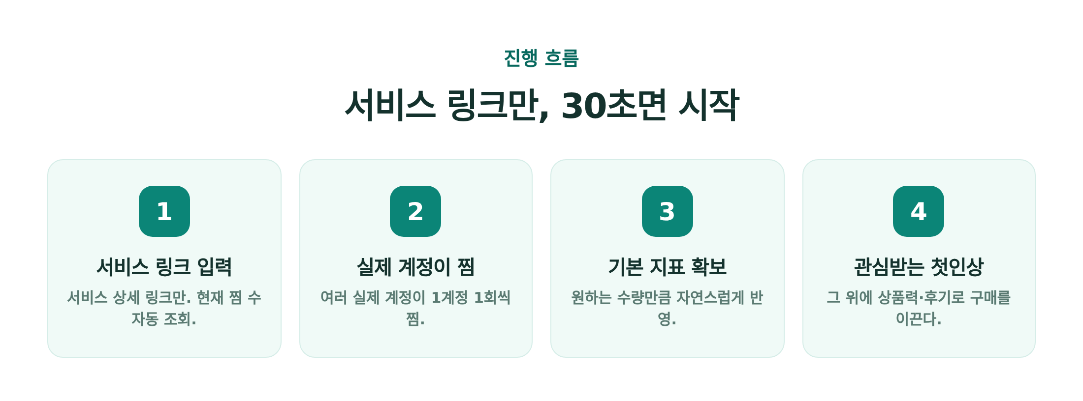 서비스 링크 입력, 실제 계정이 찜, 기본 지표 확보, 관심받는 첫인상까지 진행 흐름